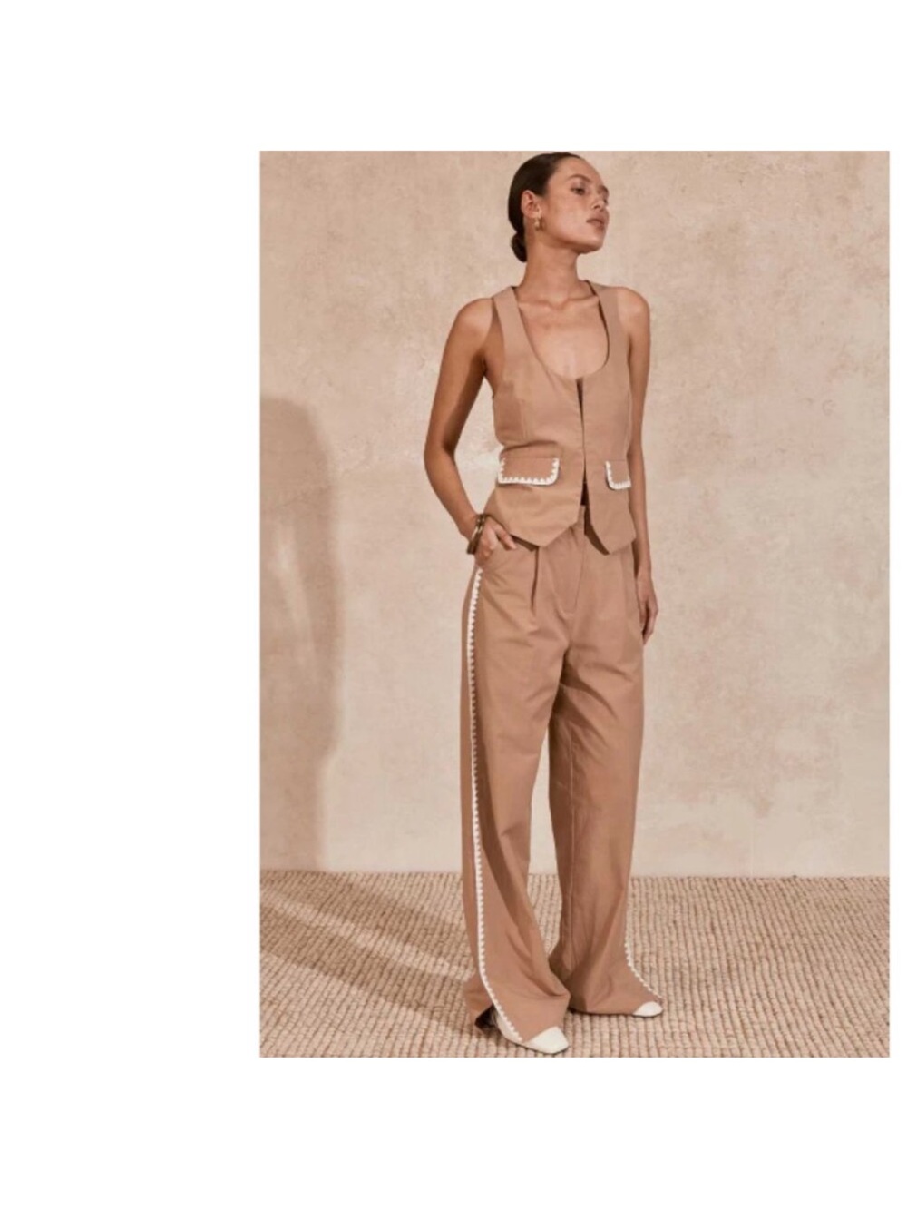 MØN RENN Tan Vest & Wide Leg Pant Set Scalloped Trim Cotton Embroidery USA S